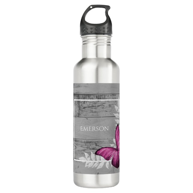 Pink Butterfly Rustic Personalised 710 Ml Water Bottle (Front)