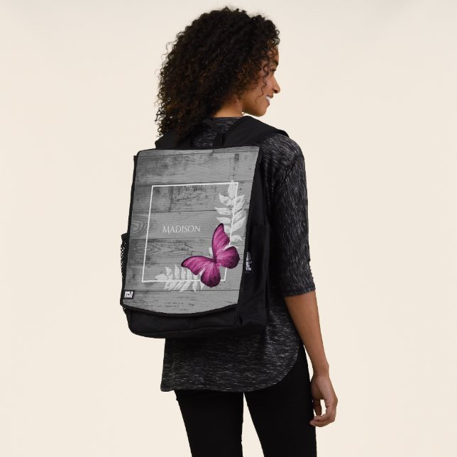 Pink Butterfly Rustic Personalised Backpack (Worn)
