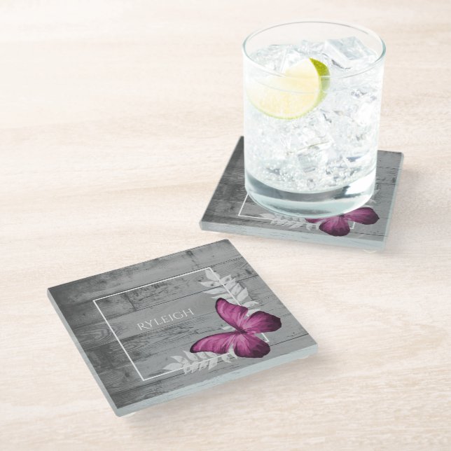 Pink Butterfly Rustic Personalised Glass Coaster (Angled)