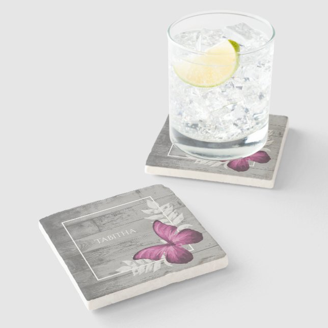 Pink Butterfly Rustic Personalised Stone Coaster (Side)
