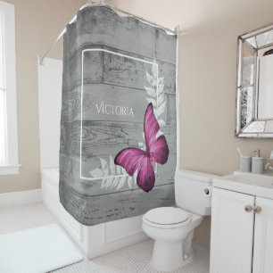 Pink Butterfly Rustic Personalized Shower Curtain