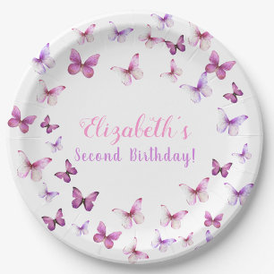 Pink Butterfly Second Birthday Baby Girl  Paper Plate