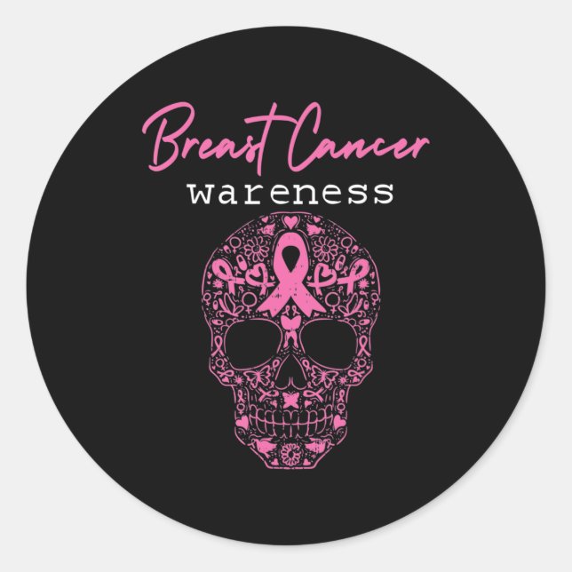 Pink Butterfly Skull Breast Cancer Awareness Hallo Classic Round Sticker (Front)