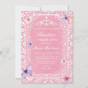 Pink Butterfly Spanish Girl Bautizo Y Primer Anito Invitation