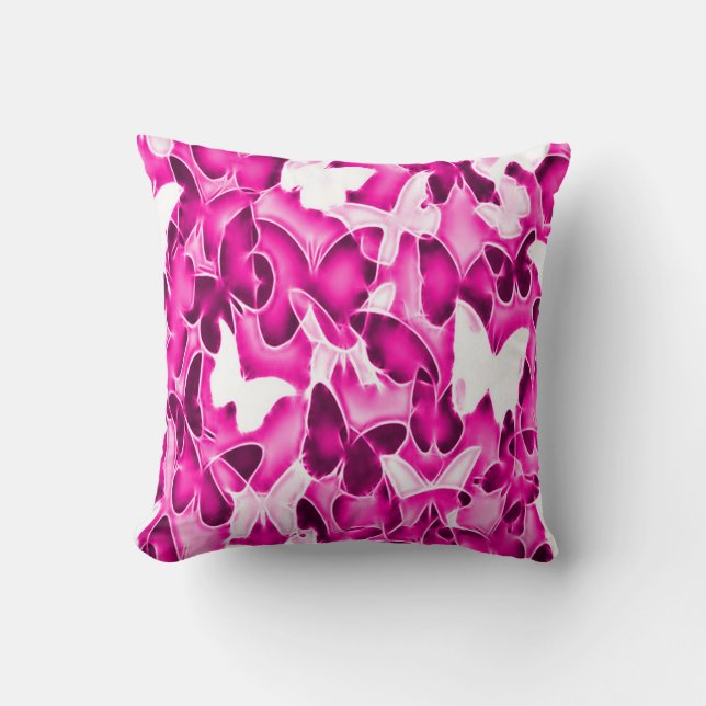 Pink Butterfly Sparkle Camo Plush Throw Pillow (Front)