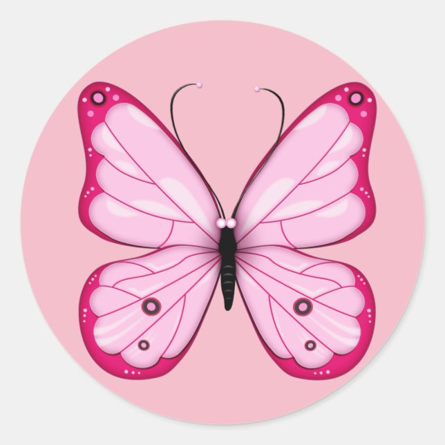 Pink Butterfly Sticker. Classic Round Sticker (Front)