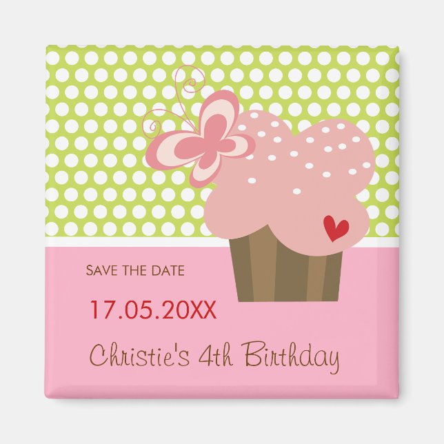 Pink Butterfly Sweet Cupcake Kid's Birthday Party Magnet (Front)