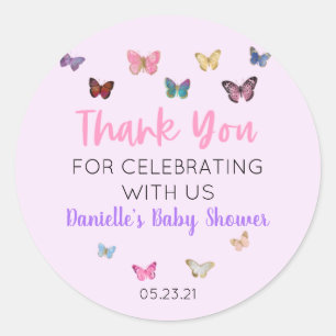 Pink Butterfly Thank You Baby Shower Favour Sticke Classic Round Sticker