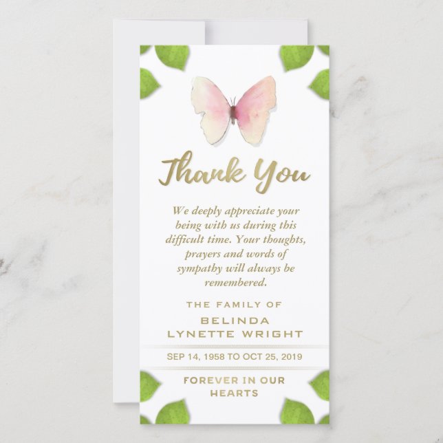 Pink Butterfly Thank You for Sympathy Card (Front)