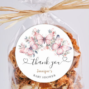 Pink Butterfly Theme Baby Shower Favour Classic Round Sticker