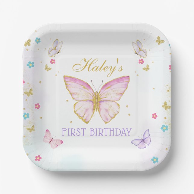 Pink Butterfly theme Birthday Paper Plate (Front)