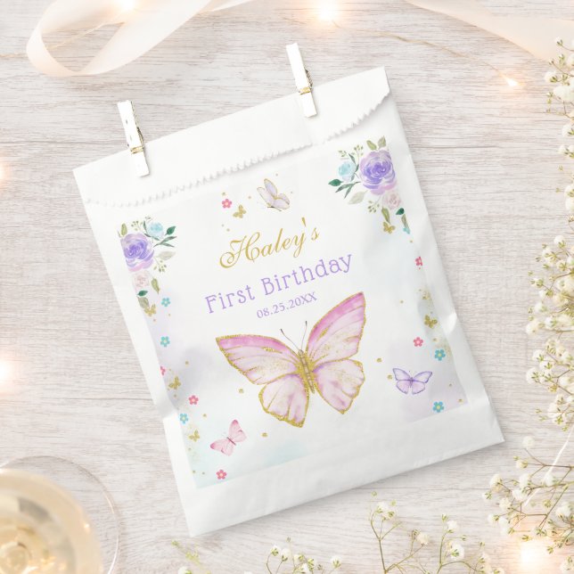 Pink Butterfly Theme Floral Girl Birthday Favour Bag (Clipped)