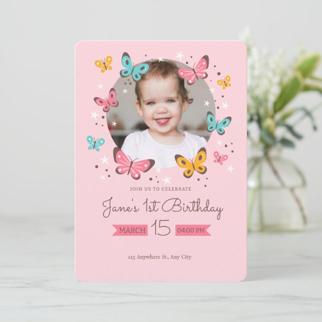 Pink Butterfly Theme With Photo 1st Birthday Invitation (Standing Front)