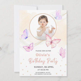 Pink Butterfly Watercolor Birthday  Invitation