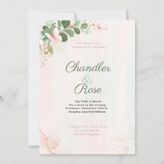 Pink Butterfly Wedding Invitation on Watercolor (Front)