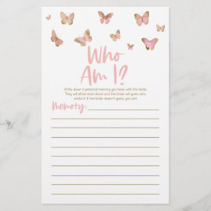 Pink Butterfly Who Am I Bridal Shower Game Stationery