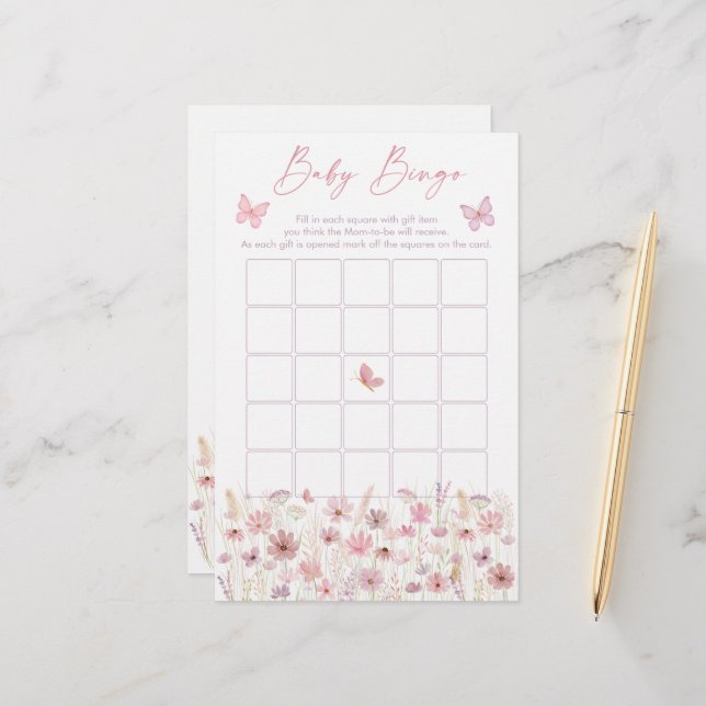 Pink Butterfly Wildflowers Baby Shower Bingo Game (Front/Back In Situ)
