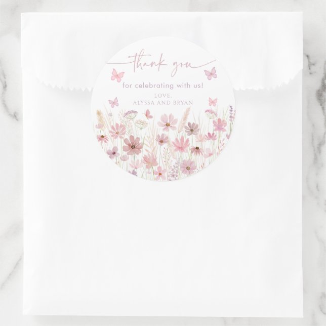 Pink Butterfly Wildflowers Baby Shower Classic Round Sticker (Bag)