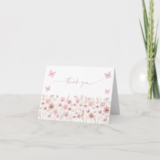 Pink Butterfly Wildflowers Baby Shower Thank You Card (Front)