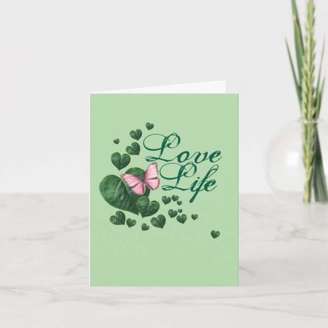 Pink Butterfly with Heart Leaves Card (Front)