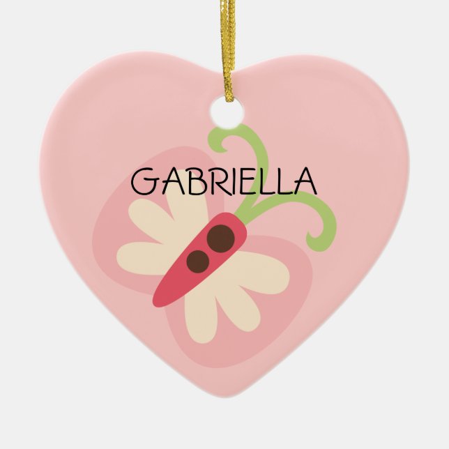 Pink Butterfly with Name Heart Ceramic Tree Decoration (Front)