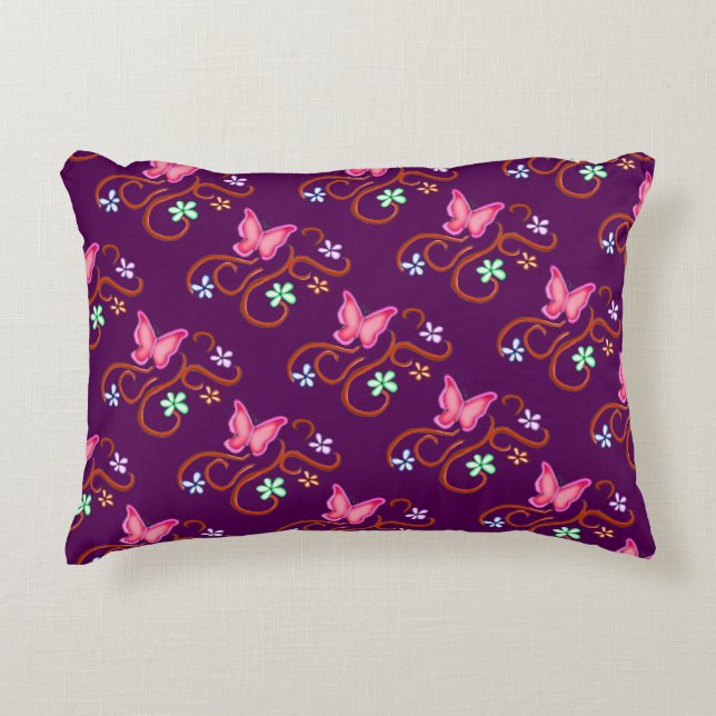 Pink Butterfly with Spring Flowers Accent Pillow (Front)