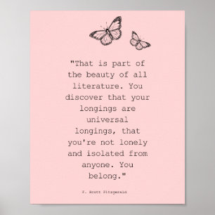 Pink Butterly F Scott Fitzgerald Literature Quote Poster