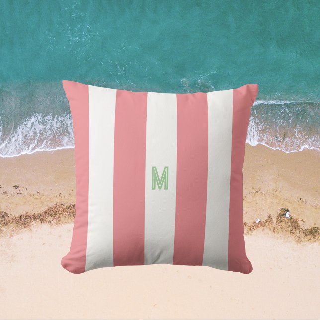 Pink Cabana Stripe & Personalised Green Monogram Cushion (Creator Uploaded)