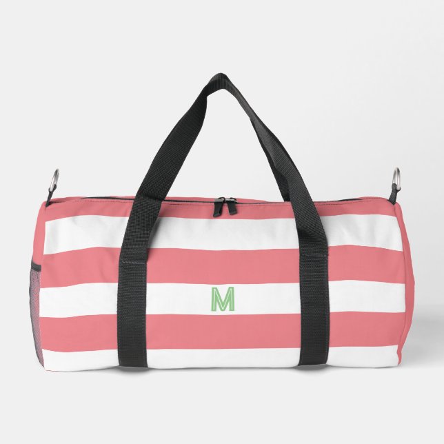 Pink Cabana Stripe & Personalised Green Monogram Duffle Bag (Back)
