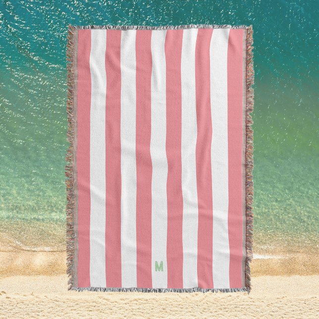 Pink Cabana Stripe & Personalised Green Monogram Throw Blanket (Creator Uploaded)