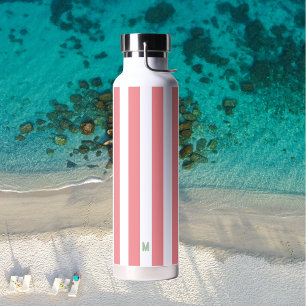 Pink Cabana Stripe & Personalised Green Monogram Water Bottle