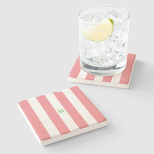 Pink Cabana Stripe & Personalized Green Monogram Stone Coaster