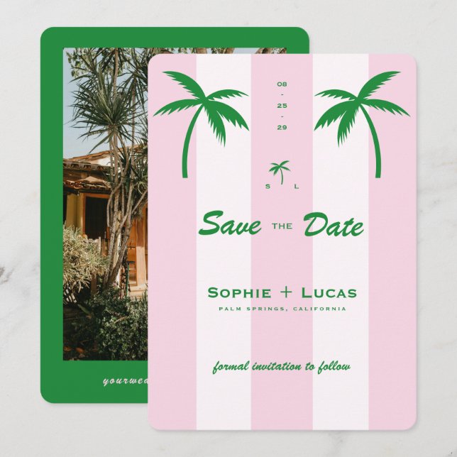 Pink Cabana Stripes Palm Tree Monogram Wedding Save The Date (Front/Back)
