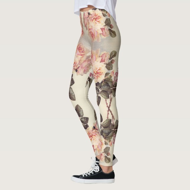 Pink Cabbage Rose Flowers All Over Print Leggings (Left)