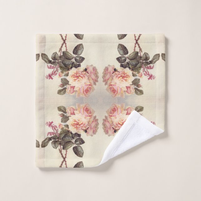 Pink Cabbage Rose Flowers Bath Towel Set (Wash Cloth)