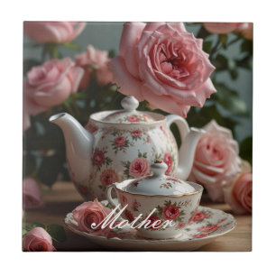 Pink Cabbage Rose Tea  Ceramic Tile