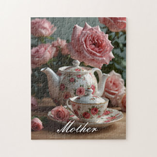 Pink Cabbage Rose Tea Jigsaw Puzzle