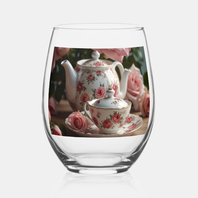 Pink Cabbage Rose Tea Stemless Wine Glass (Front)