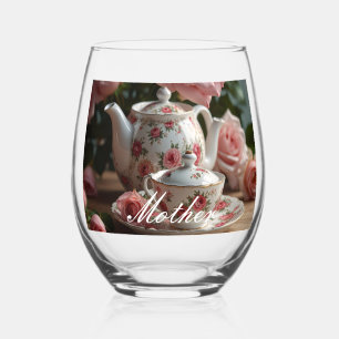 Pink Cabbage Rose Tea Stemless Wine Glass