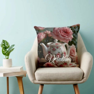 Pink Cabbage Rose Tea Throw Pillow