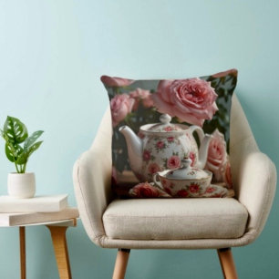 Pink Cabbage Rose Tea Throw Pillow