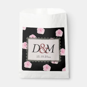 Pink Cabbage Roses and Black Lace Wedding Favour Bag