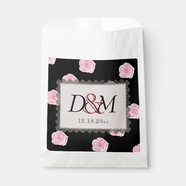 Pink Cabbage Roses and Black Lace Wedding Favour Bag (Front)