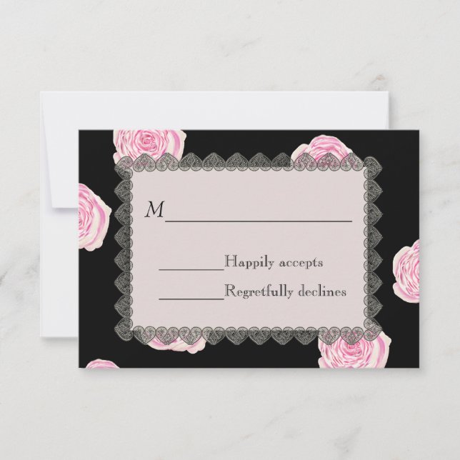 Pink Cabbage Roses and Black Lace Wedding RSVP Card (Front)