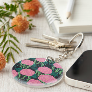 Pink Cabbage Roses Key Ring