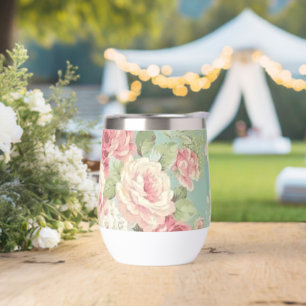 Pink cabbage roses on aqua background