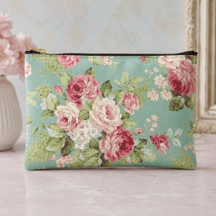 Pink cabbage roses on aqua background accessory pouch
