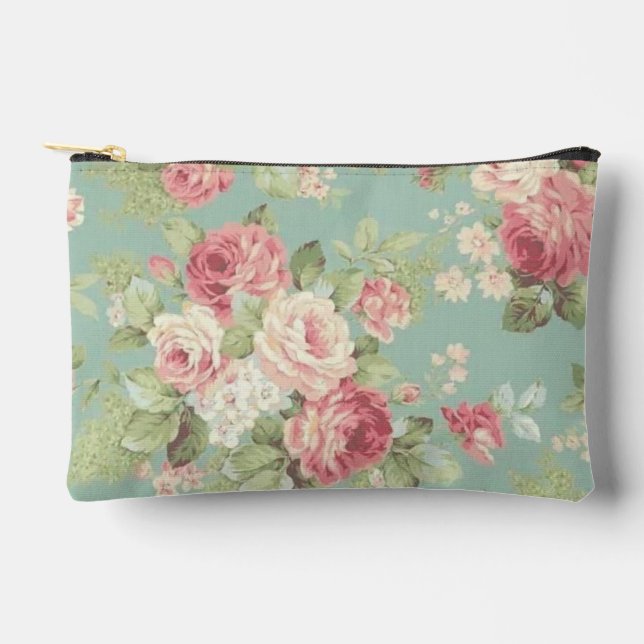 Pink cabbage roses on aqua background accessory pouch (Front)