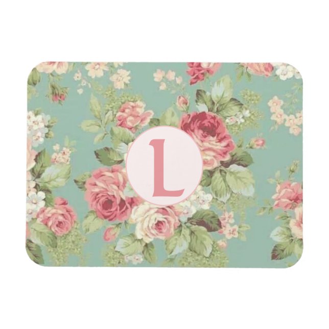 Pink Cabbage roses on aqua Magnet (Horizontal)
