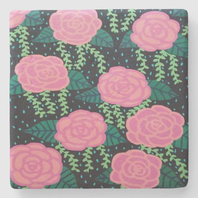Pink Cabbage Roses Stone Coaster (Front)
